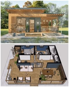 two pictures showing the inside and outside of a small house with an open floor plan