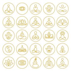 the symbols for yoga and meditation are shown in gold on a white background with circles around them