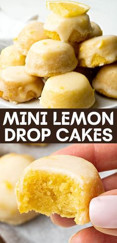 mini lemon drop cakes on a white plate with the title above it and in the background