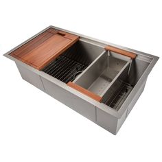 a stainless steel kitchen sink with two wooden trays on the bottom and an open drawer