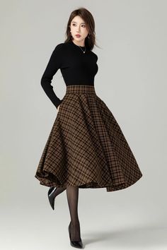 Midi Wool Plaid Skirt, Swing Wool Skirt, Wool Circle Skirt, Winter Autumn Skirt Women, High Waisted Wool Skirt, Retro Tartan Wool Skirt 4498 - Etsy Button Up Shirt Outfit With Skirt, Turtleneck Skirt Outfit, Modern Vintage Outfits, Fabian Penje, Nail Business, Skirt Tulle, Fest Outfits, Winter Skirt, Autumn Style