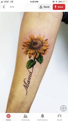 a sunflower with the word mama tattooed on it's left leg and foot