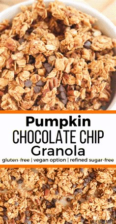 pumpkin chocolate chip granola in a white bowl with text overlay that reads pumpkin chocolate chip granola