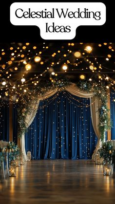 A celestial wedding arch decorated with midnight blue and gold accents, surrounded by twinkling lights and dreamy details like a starry seating chart, creating a magical atmosphere for a celestial wedding celebration. Stars Align Wedding, Wedding Ceiling Lights Starry Nights, No Theme Wedding, Silver Blue Wedding Theme, Celestial Wedding Sign, Celestial Event Decor, Wedding Galaxy Theme, Night Sky Wedding Decor, Wedding Arch Ideas Boho