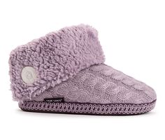 Plush comfort surrounds your feet in MUK LUKS Melinda Bootie Slippers. These durable slipper boots are crafted with an indoor/outdoor sole and warm faux-fur lining for ultimate coziness. Acrylic upper, Easy pull-on entry, Flat heel, Classic round toe, Cushioned foam insole for added comfort, Lightweight and durable TPR outsole, Faux fur lining, Button accents for added style, Hand wash in cold water, no bleach, Mak Luk® branding details | MUK LUKS Women's Melinda Bootie Slippers in Winter Violet Stripe Light, Bootie Slippers, Indoor Outdoor Slippers, Platinum Credit Card, Disney Shop, Gold Stripes, Classic Disney, Leather Shops, Knit Pattern