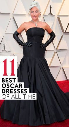 lady in black dress on red carpet with the words 11 best oscar dresses of all time