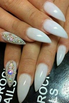 ♥♥♥ Stiletto Acrylic Nails, French Nails Glitter, White Stiletto Nails, Nails Stiletto, Her Nails, Get Nails, Hot Nails, Fabulous Nails