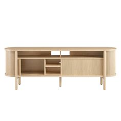 the sideboard is made from wood and has an open shelf on one end, with two