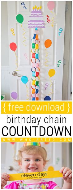 a child is holding a birthday chain in front of a door with balloons and streamers