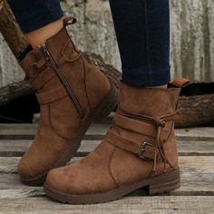 Camel Brown Buckle Decor Tie Side Faux Suede Combat Boots Botas Chelsea, Luxury Belts, Casual Chique, Orthopedic Shoes, Buckle Ankle Boots, Rounded Toe Boots, Cowboy Boots Women, Boots Womens, Buckle Shoes