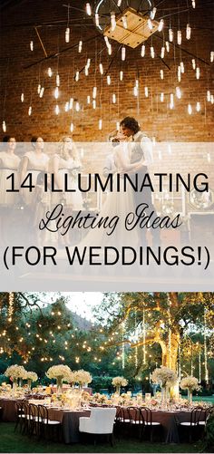 an outdoor wedding with lights hanging from the ceiling