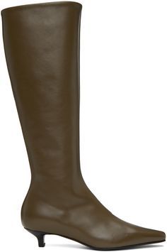 Knee-high grained calfskin boots in brown. · Pointed toe · Zip closure at inner side · Grained leather lining · Kitten heel with rubber injection · Buffed leather sole with rubber injection · Heel: H1.5 in Supplier color: Ash Brown Pointed Boots, Slim Boots, Heels Boots Outfit, Boots 2024, Heel Boots For Women, Pointed Boots, Kitten Heel Boots, Wide Calf Boots, Boots Knee