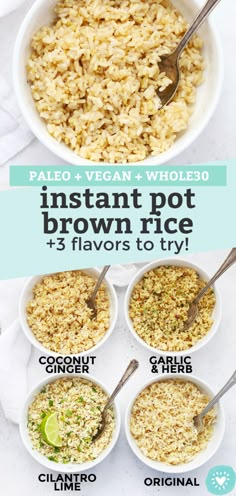 instant pot brown rice recipe in bowls with spoons and lime slices on the side