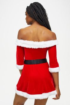 Shaped with an off-the-shoulder Bardot neckline with detachable straps and elbow length sleeves, The Sexy Santa Dress has a thigh high flounced skirt with a smooth underskirt for easy wear. For a great hourglass silhouette, the elastic belt with faux buckle detail cinches in the waist. Edged with a snowy white faux fur trim at the neckline, cuffs and hem for a festive finish. Flounced Skirt, Santa Dress, Red Costume, Work Wear Outfits, Bardot Neckline, Hourglass Silhouette, Flounce Skirt, Red Dress Women, Lace Skater Dress