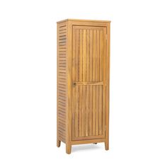 a tall wooden cabinet with shutters on the front and bottom doors, against a white background