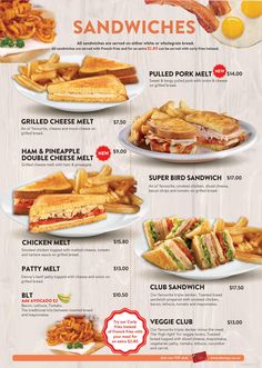 the menu for sandwiches and fries is shown