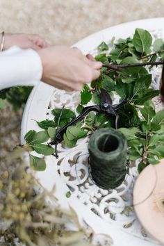 someone is cutting leaves with scissors on top of a white table and another person is reaching for it