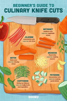 the beginner's guide to culinary knife cuts on a cutting board with vegetables