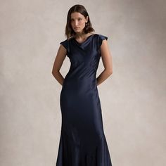 Inspired by old Hollywood glamour this cowlneck dress is rendered in flowing satin and cut for a fit-and-flare silhouette shaped with seaming at the bust. Ralph Lauren Evening, Cocktail Maxi Dress, Maxi Dress Cocktail, Maxi Dress Navy, Old Hollywood Glamour, Us Open, Dress Shapes, Hollywood Glamour, Satin Dress