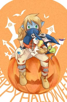 an anime character sitting on top of a pumpkin with another character holding a stuffed animal