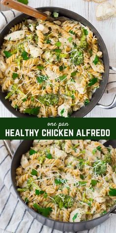 one pan healthy chicken alfredo with broccoli and parmesan cheese