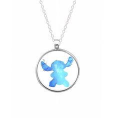 a blue necklace with an image of a cartoon character in the center and a chain around it