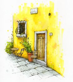 a painting of a yellow building with two chairs and a potted plant