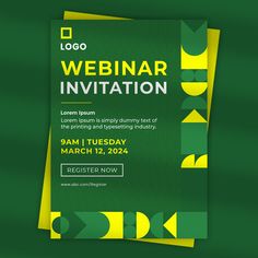 a green and yellow flyer for a webinar event with arrows on the side