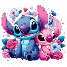 stitch and stitch hugging each other with flowers around them