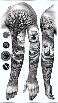 a full sleeve tattoo with trees and ships in the ocean on both arm, while another half