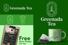 the green tea menu is next to a coffee cup