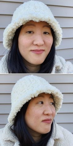 two pictures of a woman wearing a white coat and hat with the same hood on her head