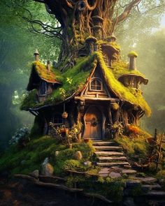 a tree house with moss growing on it's roof and steps leading up to the door