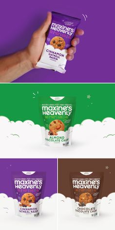 three different images of the same bag of cookies in front of purple and green background