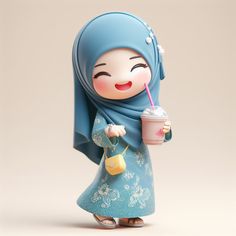 a figurine is holding a drink and wearing a blue hijab,