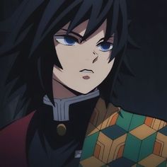 an anime character with black hair and blue eyes