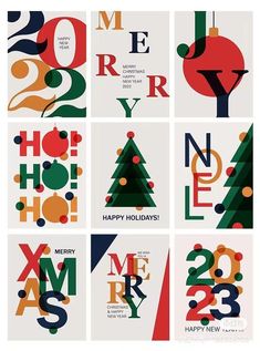 christmas cards with different font and numbers in the style of modern typograms