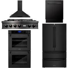 ZLINE Kitchen Appliance Packages ZLINE 5-Piece Appliance Package - 36 In. Gas Rangetop, Range Hood, Refrigerator, Dishwasher and Double Wall Oven in Black Stainless Steel, 5KPR-RTBRH36-AWDDWV Black Stainless Steel Kitchen, Zline Kitchen, Professional Appliances, Steel Hood, Large Fridge, Convection Cooking, Kitchen Appliance Packages, Steel Tub, Range Top