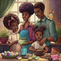 an adult and two children standing in front of a table filled with eggs