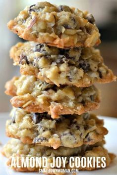 three cookies stacked on top of each other with the words almond joy cookies above them