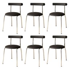 six chairs with black leather seats and metal legs, all in different positions on a white background