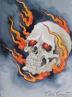 a drawing of a skull with flames coming out of it