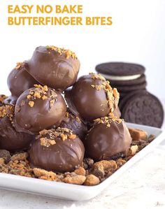 chocolate covered cookies stacked on top of each other in a white square plate next to oreos