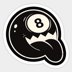 a black and white sticker with an eight ball in the shape of a monster's mouth