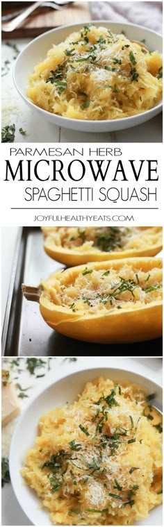 three pictures of different types of food on white plates with text overlay that reads parmesan herb microwave spaghetti squash