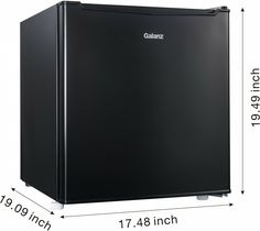 a black refrigerator with measurements for the top and bottom door, on a white background