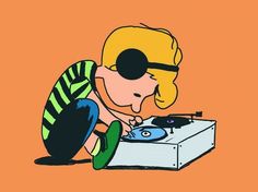 a cartoon character is playing with a record player in front of an orange background that says music helps me escape from the reality i live in