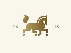 the logo for k's us shows a horse with a tail, and is gold in color