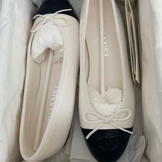 Too Small For Me, I’m Usually A 37. Need To Sell. Make Me An Offer! White Chanel Flats, Black Chanel Flats, Chanel Flats, Chanel White, Glass Slippers, Black Ballet, Black Ballet Flats, Glass Slipper, White Flats