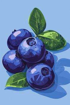 blueberries with leaves on a blue background